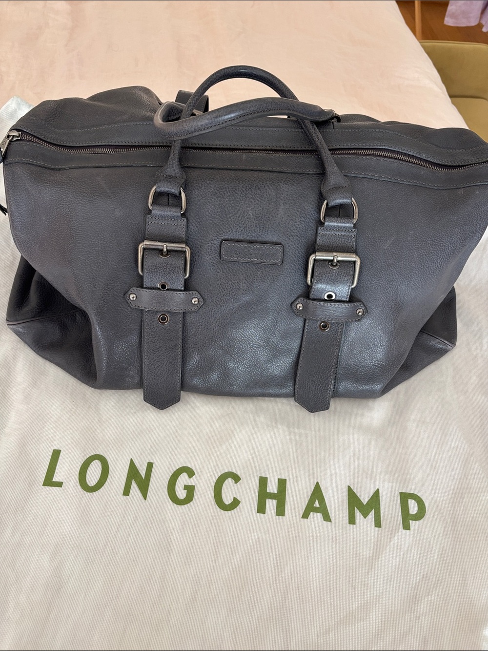 Kate Moss for Longchamp Large Travel Gray Leather Duffel Bag